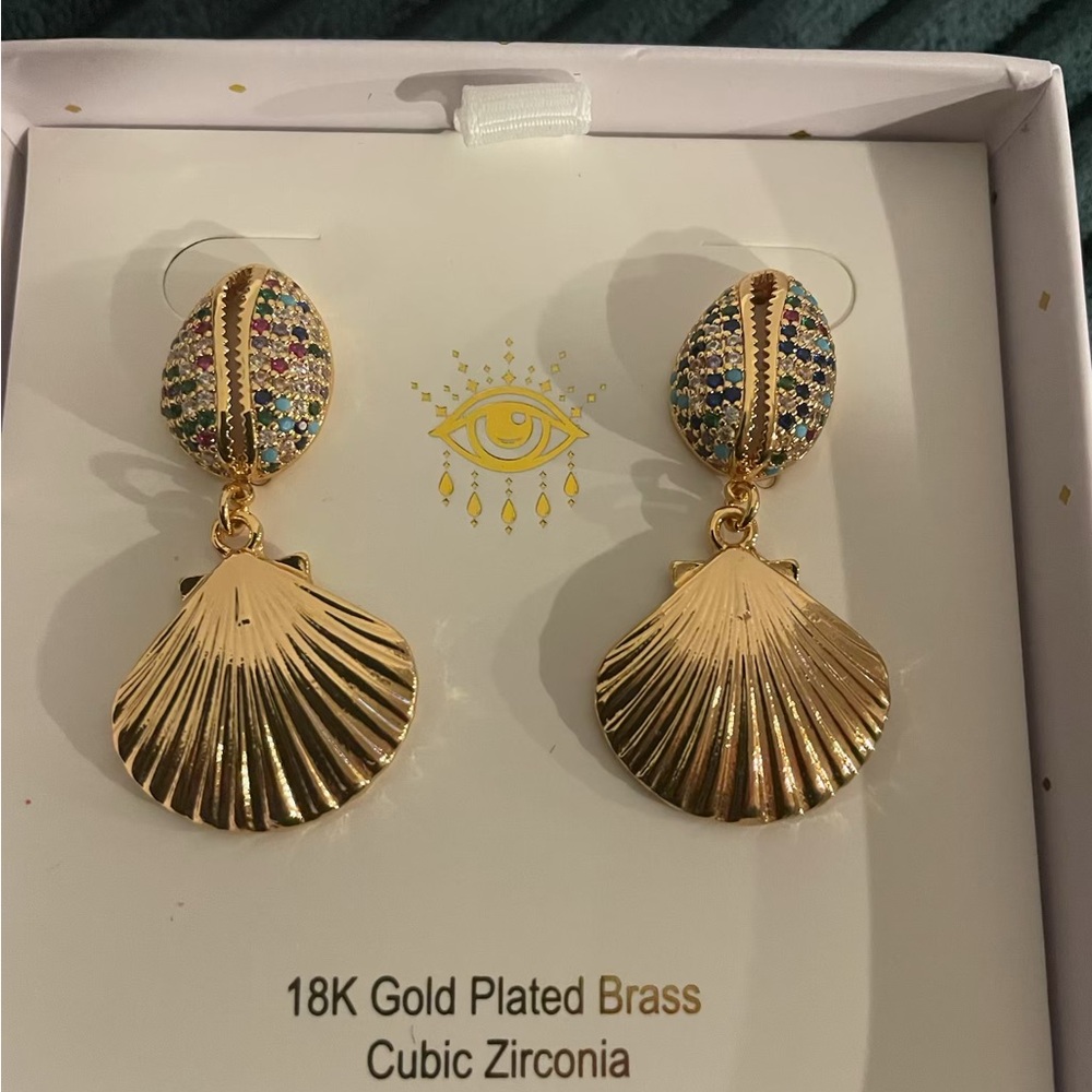 Gold Plated Shell Drop Earrings with Multicolor Accents